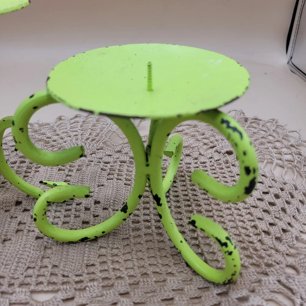 Lime Green Shabby Chic Metal Pillar Candle Holder Set Scroll Cottagecore 2pc